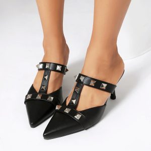 Women's Pointed Toe Mid Heel Sandals - PU Upper Low Top Slip On
