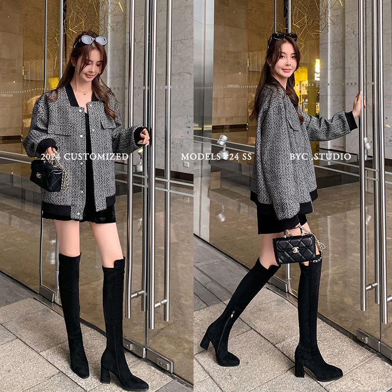 Stretch Sock Boots Over-the-Knee High Heel Block Heel Square Toe Side Zip - Image 2