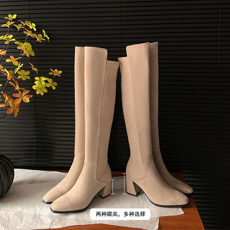 Stretch Sock Boots Over-the-Knee High Heel Block Heel Square Toe Side Zip - Image 3