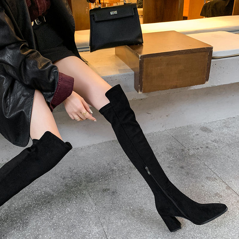 Stretch Sock Boots Over-the-Knee High Heel Block Heel Square Toe Side Zip - Image 5