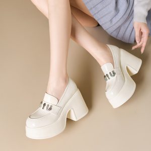 Deep Mouth Flat Shoes with High Chunky Heel and Buckle Detail