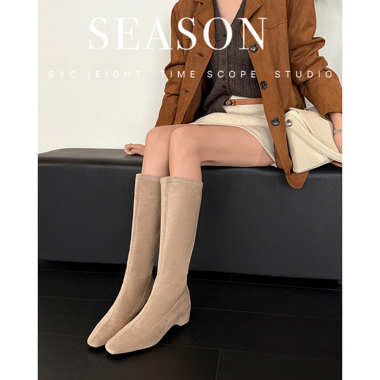 Stretch Sock Boots Over-the-Knee Suede TPR Sole Mid Heel - Image 4