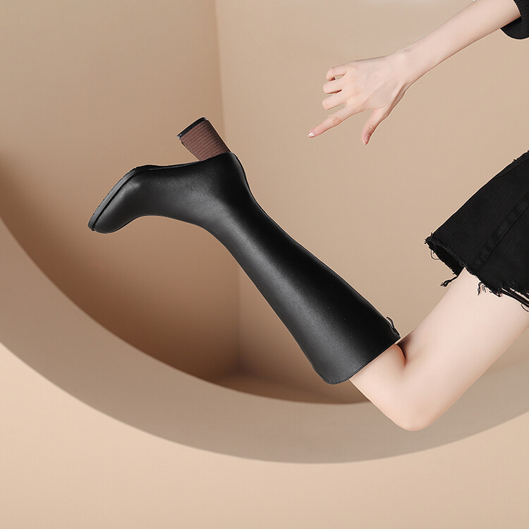 Women's High Shaft Slim Boots with Round Toe and Chunky Mid Heel - Image 2