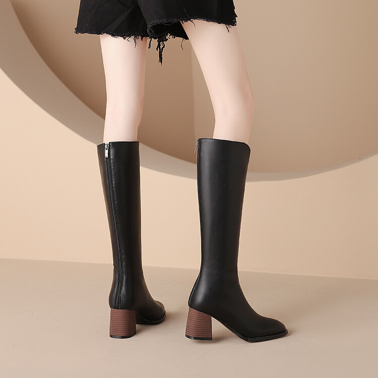 Women's High Shaft Slim Boots with Round Toe and Chunky Mid Heel - Image 4